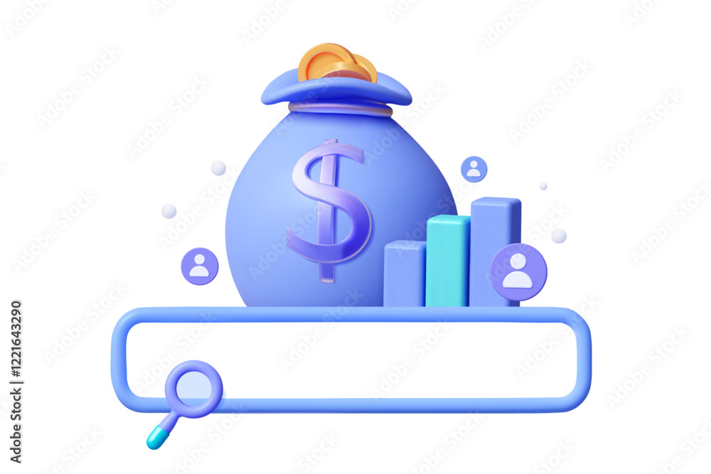 Poster search bar with the concept of browser data analytics and job search. money bag with coins and stati