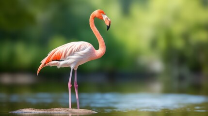 Naklejka premium A vibrant red flamingo stands gracefully in nature, with a soft focus backdrop enhancing its stunning beauty.