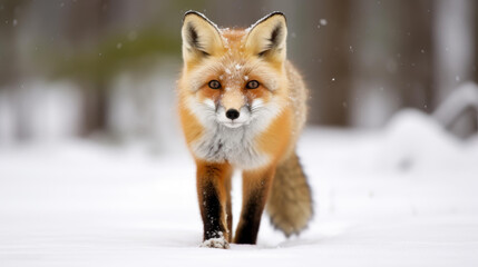 Obraz premium A red fox prowls through the deep snow, showcasing its vibrant fur and cunning nature in the winter wilderness.