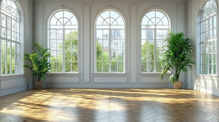 Fototapeta premium Bright Sunlit Room with Large Windows and Plants