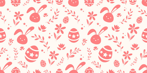 Pink pastel hand-drawn easter seamless pattern with bunnies, doodles, flowers, easter eggs, and beautiful backgrounds for Easter cards