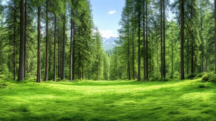 Obraz premium Tranquil forest meadow with lush greenery and majestic trees under blue sky