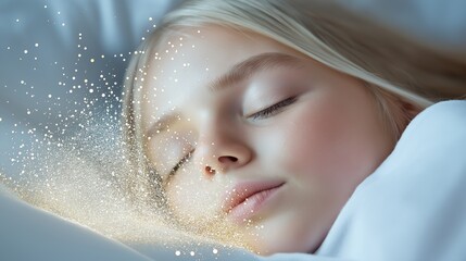 Dreamy young girl sleeping peacefully with magical light effects on pillow