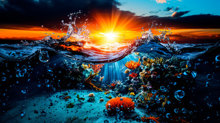 Obraz premium Coral reefs in tropical sea, sunset light