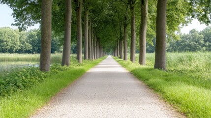 Obraz premium Serene tree-lined pathway through green countryside amidst lush nature