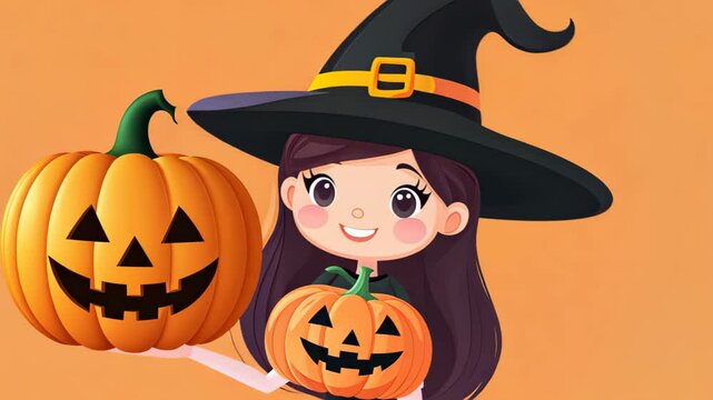 A charming witch with her pumpkin stands out on a vibrant orange backdrop, perfect for Halloween celebrations.