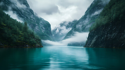 A photo image of a futuristic fjord with jagged mountainsides descending into turquoise water, surrounded by misty fog and lush foliage. Mystic Fjord. Illustration