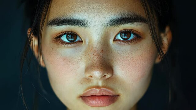 A striking portrait of a young Asian woman, revealing the  contrast between roughness and radiant smoothness.