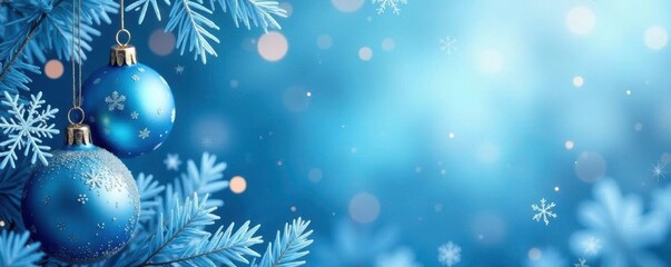 Icy blue background with fluttering snowflakes and ornaments, abstract blue, delicate