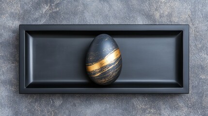 Obraz premium Elegant black and gold marble egg on black tray with textured background