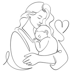 mother and baby line art style vector illustration