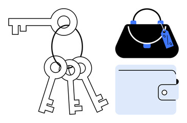Keys on a ring with a wallet and a purse. Ideal for concepts thumbs up security, personal belongings, organization, daily routines, financial management, safety, and minimalism. Abstract line flat