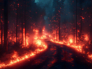 Fototapeta premium Intense Forest Fire Engulfing Hills During Sunset With Dark Smoke Rising Over Burning Trees in a Mountainous Region
