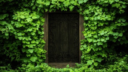 Mysterious wooden door framed by lush green foliage in nature