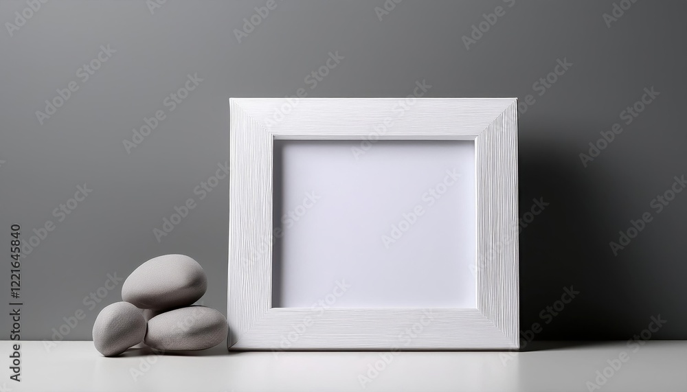 Poster elegant blank frame resting beside smooth stones on a minimalist surface in soft lighting