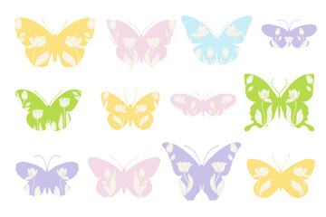 Collection of decorative, colorful winged insects butterflies with spring tulip flower patterns. Vector graphics.