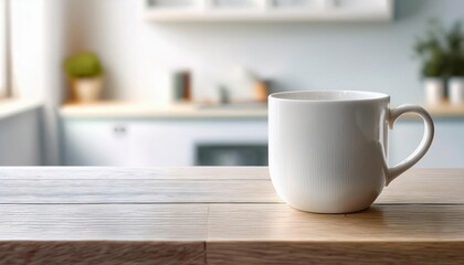 Obraz premium Ceramic Mug Resting Gracefully on a Natural Wooden Surface Bathed in Soft Morning Light