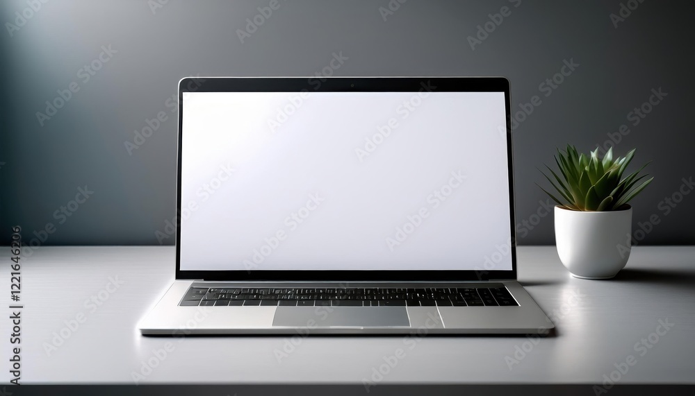 Aufkleber Clean White Presentation Slide on a Sleek Laptop Screen in a Modern Workspace Setting