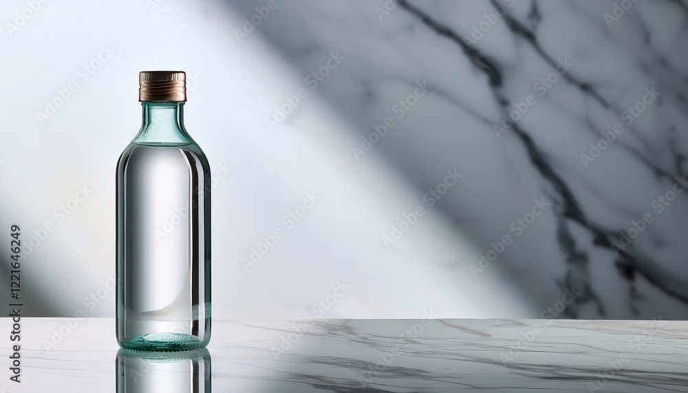 Poster clear glass bottle on smooth marble surface reflecting soft light in a serene setting