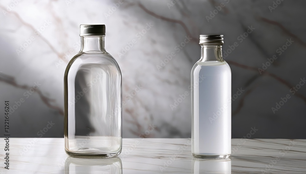 Poster clear glass bottle resting on marble surface creates a minimalist atmosphere in a serene setting