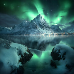 Northern lights illuminate snowy mountain fjord scene