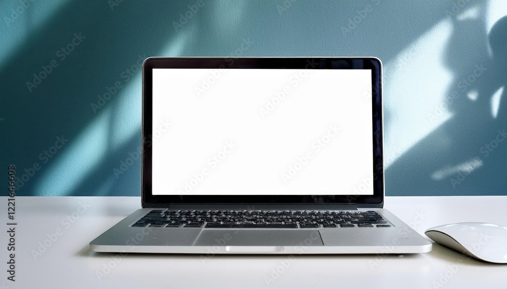 Poster clean white desk with a laptop displaying a blank screen and a minimalist aesthetic
