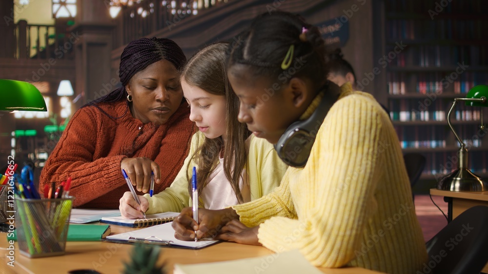 Poster female teacher assisting pupils with class homework and mentoring, providing academic instruction an