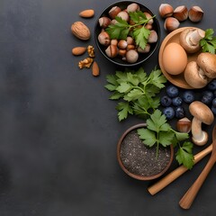 Healthy food ingredients arranged on dark background, copy space