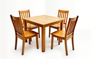 Stylish wooden dining set. Square table, four chairs. Simple design. Suitable for home interior. Modern, classic furniture pieces. Furnishing for dining rooms. Well-polished wood. Warm color. Elegant