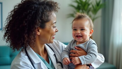 Friendly doctor conducts virtual health consultation. Smiling Latina doctor interacts with young mother, infant. Happy family enjoys tech-enabled care. Virtual pediatric checkup. Modern online