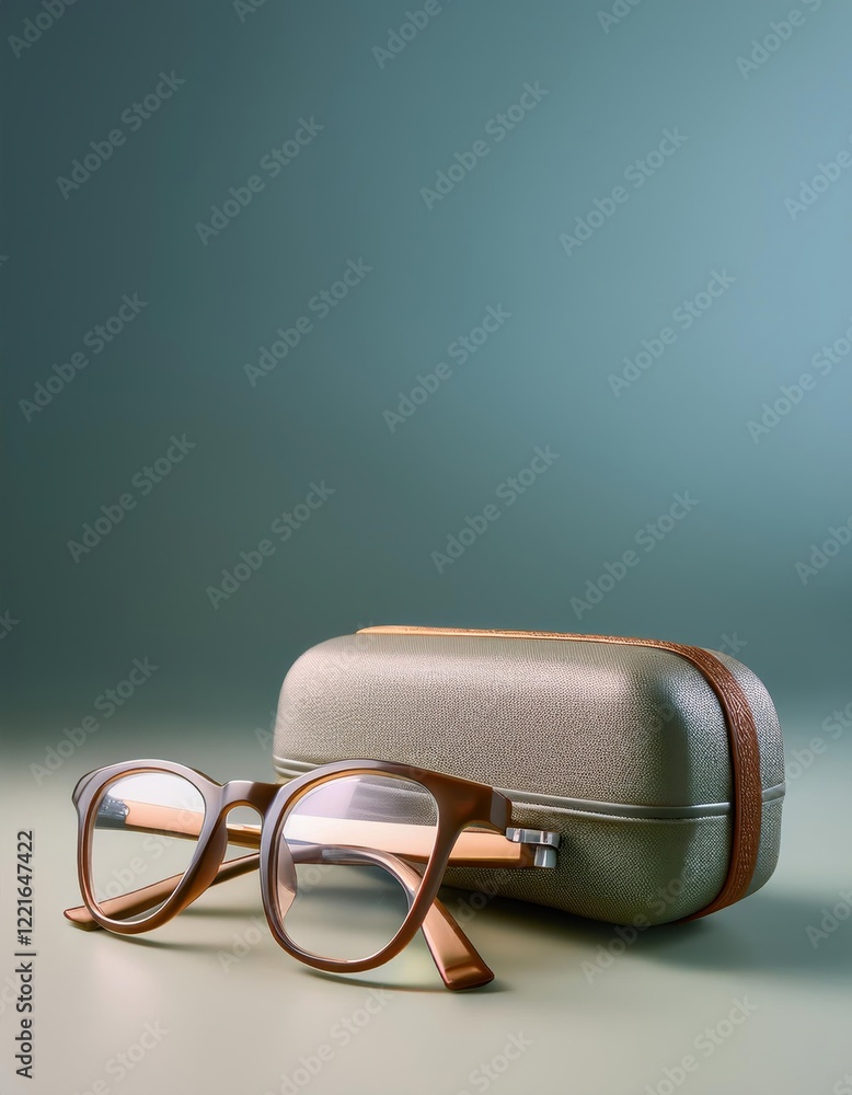 Poster reading glasses resting beside a closed case in a serene, softly lit setting
