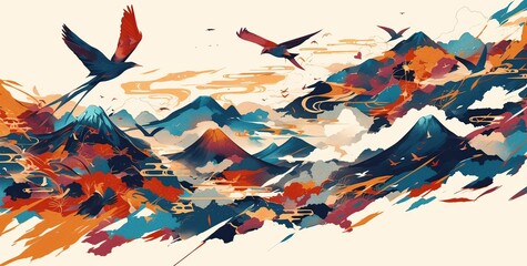 Japandi-style watercolor illustration of mountains and birds with a navy blue, orange, and red color palette, on a white background