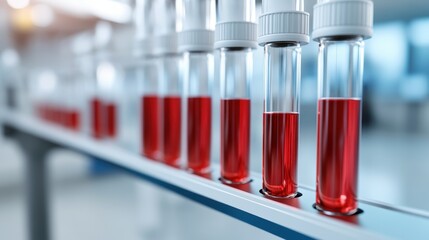 A row of blood sample vials in a laboratory setting, showcasing vibrant red liquid inside clear tubes with secure caps.