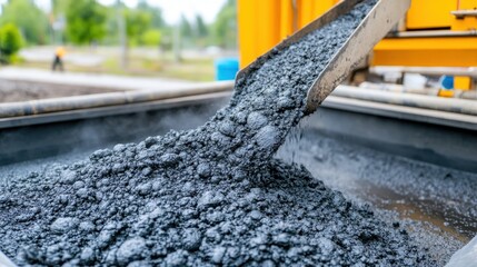 A close-up view of a machine pouring dark, granular material, likely asphalt or gravel, into a container, set against a blurred outdoor background.