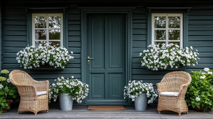 Serene Cottage Porch with Blooming White Flowers