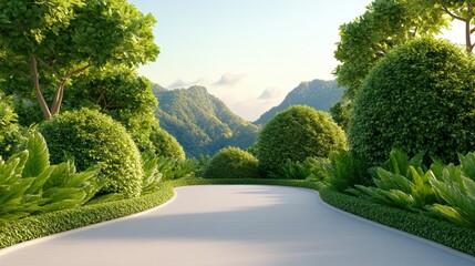 Obraz premium Lush green landscape with curved pathway amidst rolling hills and bright blue sky