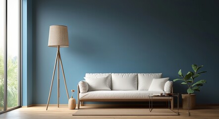 living room with a blue wall, white sofa, and wooden floor lamp