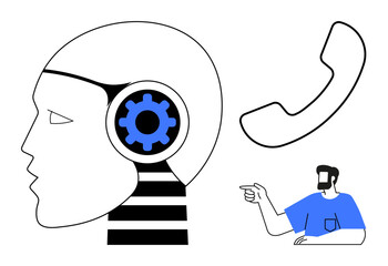 Large robot head with gear in ear, human figure pointing, phone receiver floating. Ideal for automation, AI, customer support, communication, collaboration innovation technology. Blue and black on
