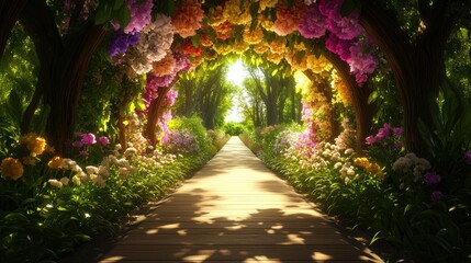 Obraz premium Enchanting floral tunnel pathway with sunlit blossoms in vibrant garden