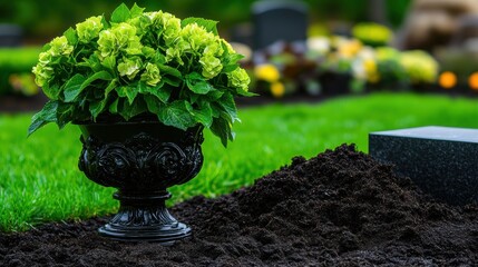 Elegant black urn with green flowers in tranquil cemetery setting