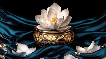 Luxurious golden ornate box with white magnolia flower on blue silk fabric