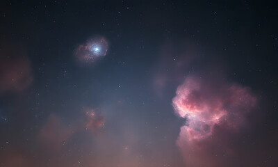 Obraz premium Cosmic nebula with red and blue hues amid stars. Suitable for astronomy, space, science, and celestial-themed designs and projects.