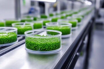 Bright green algae in clear containers are arranged on a conveyor belt, suggesting a modern cultivation process in a laboratory or industrial setting.