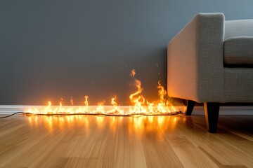 A fire hazard is depicted with flames emerging from an electrical cord near a sofa, highlighting the dangers of electrical fires in homes.