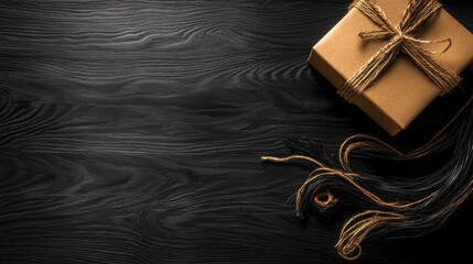 Elegant brown gift box with rustic twine on black wooden surface perfect for celebrations