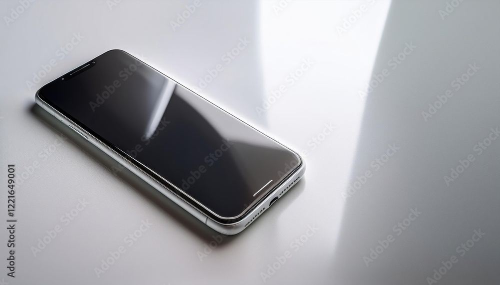 Poster Smartphone Resting Diagonally on Smooth White Desk Creating a Modern Workspace Atmosphere