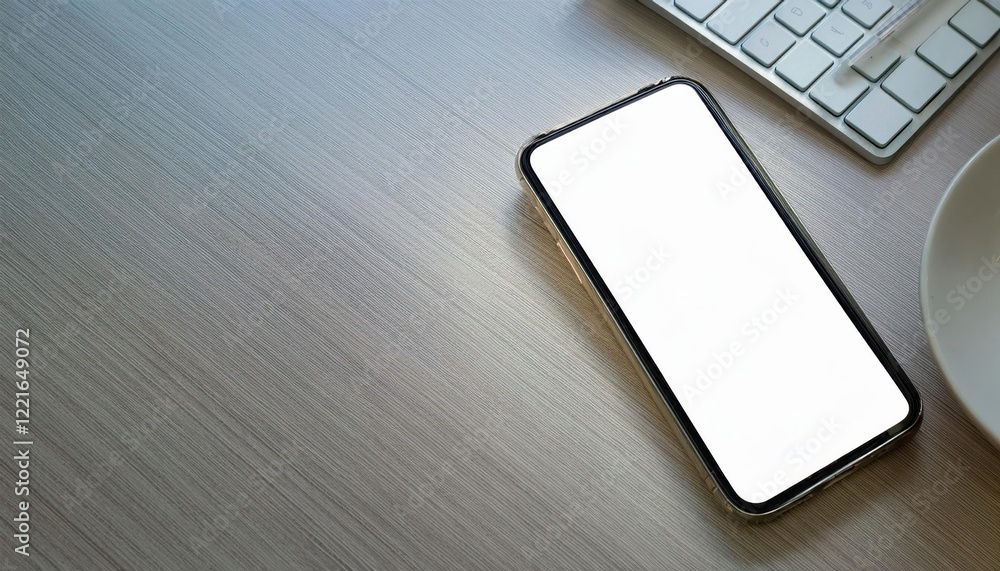 Aufkleber Smartphone With Empty Screen Resting on a Tidy Modern Desk Near a Keyboard and a Bowl