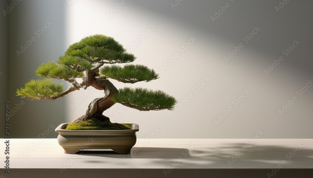 Aufkleber solitary bonsai tree elegantly showcased in a serene minimalist environment with soft shadows