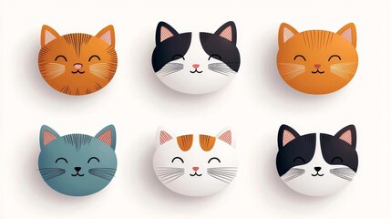 Fototapeta premium Flat vector design of charming cat faces, rendered in hand-drawn strokes, featuring vibrant pastel hues and unique stylized expressions