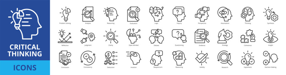 Critical thinking icon pack collection set with problem solving, analysis, reasoning, evaluation, logic, inquiry, perspective, assumption, thinking, synthesis, reflection, judgment, clarity